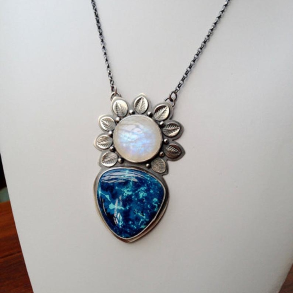 Rainbow Moonstone and Azurite OOAK Necklace NWT
